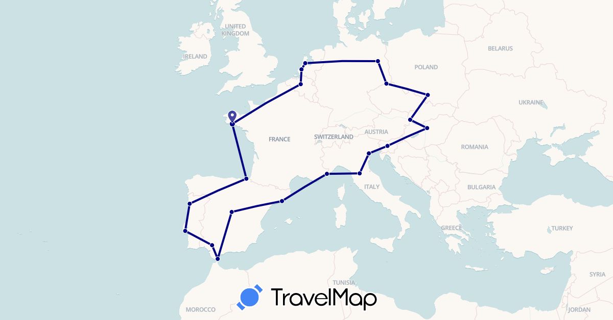 TravelMap itinerary: driving in Belgium, Czech Republic, Germany, Spain, France, Gibraltar, Hungary, Italy, Monaco, Netherlands, Poland, Portugal, Slovenia, Slovakia (Europe)